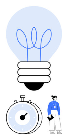 Lightbulb symbolizing ideas, stopwatch for time management, and a person with a notebook. Ideal for innovation, time management, teamwork, productivity, planning, efficiency abstract line flatのイラスト素材