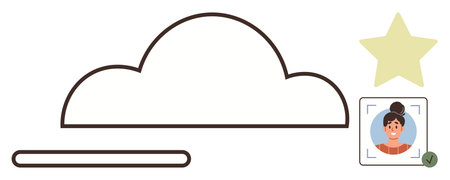 Cloud outline with a user profile framed by a rectangle, a verification checkmark, a yellow star, and a progress bar. Ideal for security, data storage, user profiles, ratings, identity checks webのイラスト素材