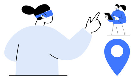Woman with AR headset pointing forward, another using a tablet. Location marker nearby. Ideal for technology, navigation, virtual reality, augmented reality, innovation, education simple landingのイラスト素材