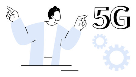 Person pointing at bold 5G text with gears symbolizing innovation, progress, networking, and technology. Ideal for communication, 5G, networking, automation, innovation digital transformationのイラスト素材