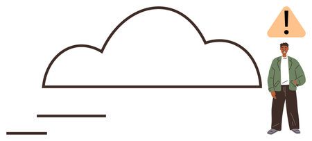 Person near a cloud outline with an exclamation mark warning, suggesting caution or attention. Ideal for cloud computing, security, awareness, caution, data safety, technology issues, simple flatのイラスト素材