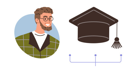 Smiling man in glasses with plaid shirt next to graduation cap connected by diagram lines. Ideal for education, achievements, career growth, success, learning process, mentorship, simple flatのイラスト素材