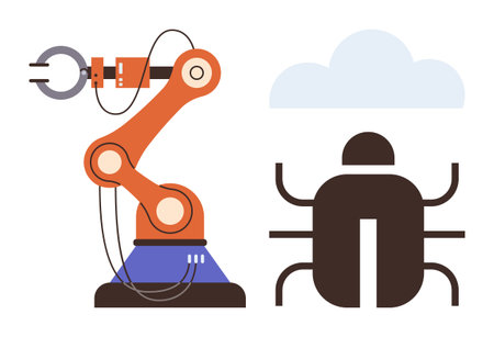 Robot arm and insect under a cloud highlight automation, robotics, coding, cloud systems, debugging, innovation, and industrial progress. Ideal for tech AI software concepts. Simple flat metaphorのイラスト素材