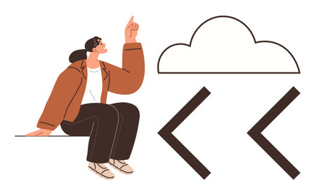 Person sitting on edge pointing to a cloud above coding brackets, suggesting focus on ideas, programming, connection, or innovation. Ideal for technology, development, learning, inspirationのイラスト素材