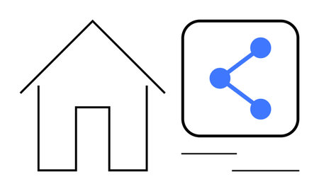 Minimalist house outline paired with a blue share network icon symbolizing home, connection, and...