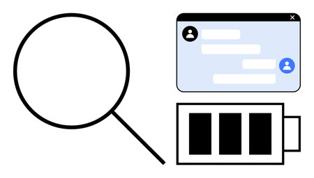 Magnifying glass, chat interface with messages, and battery icon suggest exploration, connectivity, or energy. Ideal for technology, research, communication, UI design productivity data and simpleのイラスト素材