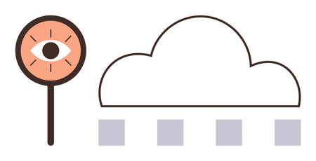 Large cloud connected to digital blocks and magnifying glass with eye. Ideal for technology, security, cloud storage, data privacy, surveillance, online protection, modern connectivity. Simplifiedのイラスト素材