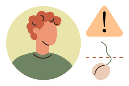 Person with red curly hair, warning sign with exclamation mark, and broken connection of computer mouse. Ideal for technology, troubleshooting, alert, communication, warning, human interactionのイラスト素材