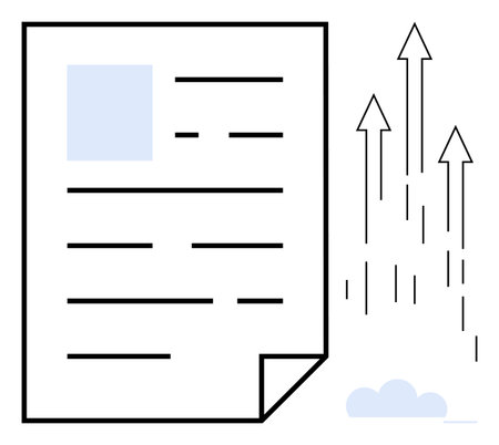 Document with text lines beside upward arrows and a small cloud symbol. Ideal for business growth, success, progress, productivity, data analysis, strategy planning, simple flat metaphorのイラスト素材