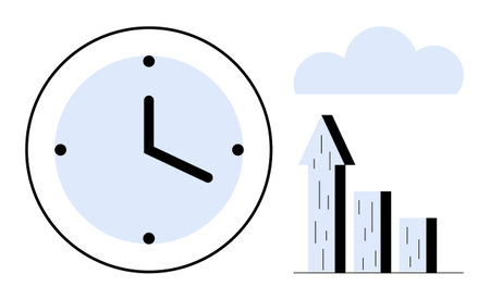 Clock beside ascending bar chart and cloud symbolizing productivity, growth, and planning. Ideal for time tracking, success strategies, business growth, personal productivity, efficiency, goalのイラスト素材