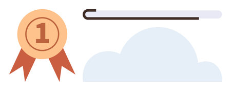 Golden first-place medal, progress bar, and cloud evoke success, goal setting, and achievement. Ideal for motivation, productivity, milestones rewards personal growth and teamwork. A simple flatのイラスト素材