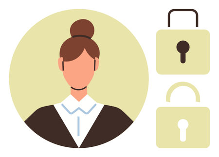 Female portrait in formal attire beside secured and unlocked padlocks. Ideal for privacy protection, user authentication, data security, access control, identity verification, cybersecurity, simpleのイラスト素材