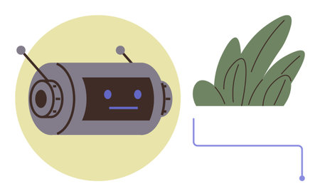 Cylindrical AI robot with antennas and digital face connected to green plant in abstract style. Ideal for sustainability, technology, AI, environment, innovation, ecology, and balance themes. Simpleのイラスト素材