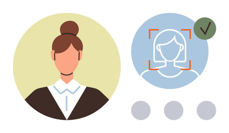 Female avatar with bun hairstyle and formal attire next to face scan verification icon with checkmark. Ideal for security, technology, access control, identity, privacy, AI, digital validationのイラスト素材