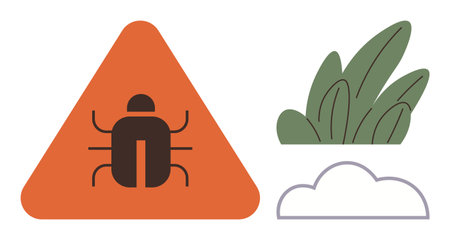 Orange triangular bug warning sign next to green leaves and a simple cloud. Ideal for pest control, nature awareness, environment care, caution concepts, eco-friendly practices, safety messagesのイラスト素材