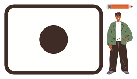 Man in green jacket and dark pants, next to a large whiteboard featuring a black dot and an adjacent pencil. Ideal for creativity, brainstorming, education, design, presentation, strategyのイラスト素材