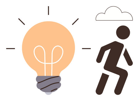 Light bulb glowing represents innovation and ideas. A walking figure suggests progress, motion, or forward thinking. Ideal for creativity, inspiration, growth, development, problem-solvingのイラスト素材