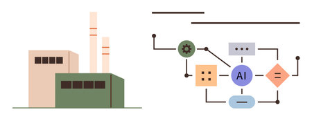 Factory with smokestacks alongside an AI process flowchart linked with nodes and symbols illustrating automation. Ideal for innovation, AI, industry, connectivity, technology, digitalization, futureのイラスト素材