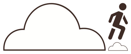 Person moving towards a large cloud symbolizing progress, goals, creativity, and new opportunities. Ideal for aspirations, success, achievement, growth dreams motivation simplicity. Clean flatのイラスト素材