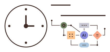 Clock beside connected AI workflow components, including shapes and nodes. Ideal for time management, automation, efficiency, technology evolution, artificial intelligence, productivity, simple flatのイラスト素材