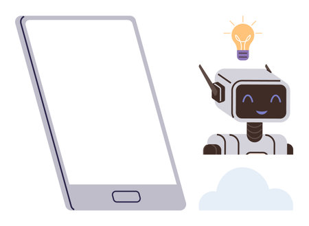 Smiling AI robot with antenna next to smartphone, light bulb signifying innovation, cloud for connectivity. Ideal for technology, AI, digital innovation, mobile apps, cloud computing, creativeのイラスト素材
