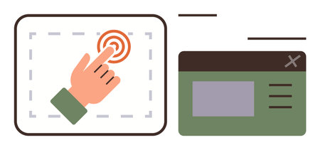 Hand tapping touchscreen with dotted border and bank effect beside browser window preview showing menu and close button. Ideal for UX, UI, technology, web, interaction, guide, simple flat metaphorのイラスト素材
