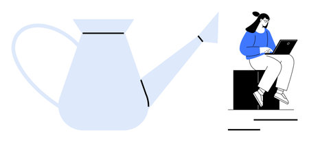 Large watering can beside woman working on laptop, representing growth, creativity, and productivity. Ideal for work-life balance, remote work, online learning, gardening, innovation focus personalのイラスト素材