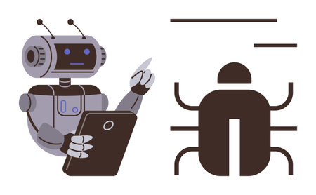 Humanoid robot holding a tablet examines a digital bug figure, representing AI error detection, debugging, and automation. Ideal for technology, coding, artificial intelligence, innovationのイラスト素材