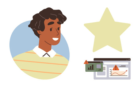 Cheerful person with data charts showing warning alerts and a star representing success, recognition, or goals. Ideal for leadership, performance, motivation, problem-solving, analytics, educationのイラスト素材