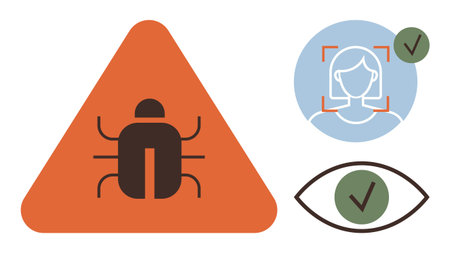 Orange triangle with bug icon for cybersecurity threat, facial recognition with approval badge, eye icon indicating privacy and security. Ideal for technology, antivirus, identification, privacyのイラスト素材