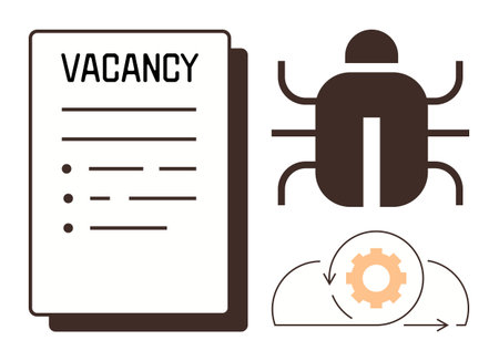 Vacancy document next to a bug and cloud gear symbolizing hiring for software testing. Ideal for job listings, recruitment, IT services, software development, testing, debugging, careerのイラスト素材