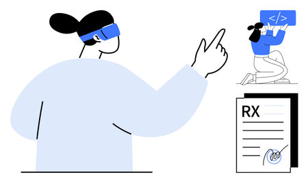 Person wearing VR headset gestures toward innovative tech, coder writes code on screen, prescription document below. Ideal for technology, education, healthcare, innovation, software, engineeringのイラスト素材