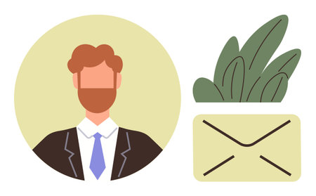 Portrait of a bearded man in a suit and tie, envelope symbol, and green leaves. Ideal for business correspondence, job applications, professional networking, communication, recruitment, careerのイラスト素材