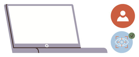 Open laptop with blank screen, user icon, and eye scanning symbol highlighting digital security....