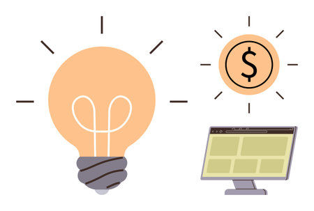Light bulb for creativity, dollar coin for finance, and computer screen for technology. Ideal for entrepreneurship, innovation, digital business, technology, finance, modern economy simple flatのイラスト素材