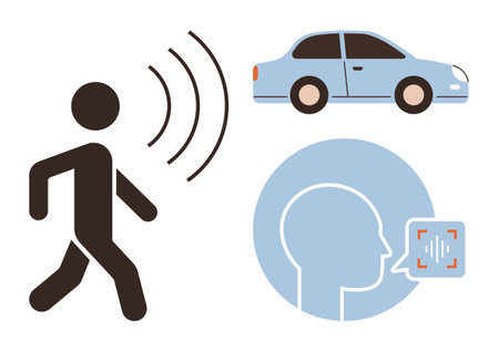 Person emitting motion signals, car denoting smart vehicle, and head with voice recognition highlights. Ideal for technology, AI, mobility, safety, speech, automation future simple flat metaphorのイラスト素材