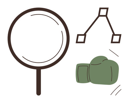 Magnifying glass, green boxing glove, and simple network nodes highlight themes of analysis, competition, and connections. Ideal for strategy, teamwork, research, conflict resolutionのイラスト素材