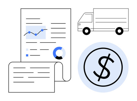 Financial document with charts, delivery truck, and dollar sign. Ideal for business, logistics, accounting, finance, budgeting supply chain data-driven strategy. Simple flat metaphorのイラスト素材