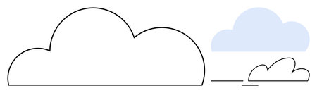 Minimalist outline of a large cloud with smaller clouds beside it connected by lines. Ideal for growth, scalability, connection, teamwork, communication, data transfer, innovation, simple flatのイラスト素材