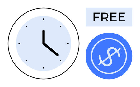 Analog clock, blue dollar sign circle, and Free text emphasize time, cost value, efficiency,...