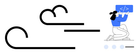 Woman kneeling while holding a coding interface next to linear cloud graphics. Ideal for technology, innovation, programming, web development, cloud computing, learning, education, simple landingのイラスト素材