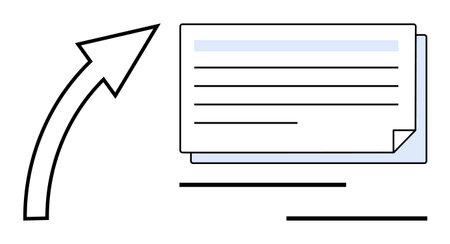 Curved arrow pointing upwards toward a lined document with layered pages. Ideal for success, growth, progress, documentation, workflow, organization, achievement. Minimalist simple flat metaphorのイラスト素材