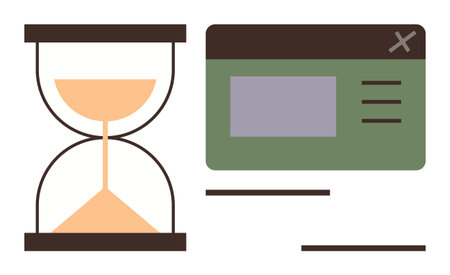 Hourglass symbolizing time alongside a browser window with menu elements. Ideal for productivity, time tracking, project planning, deadlines, organization, efficiency, simple flat metaphorのイラスト素材