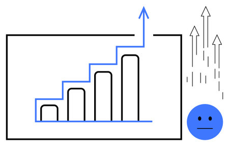 Bar chart with rising columns and upward arrow representing growth, improvement, success, and...