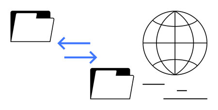 Two folders connected by arrows beside a globe, representing file transfer and sharing. Ideal for technology, connection, data exchange, cloud sharing, digital collaboration, remote workのイラスト素材