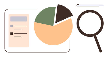 Pie chart with three segments, document with checklist, and magnifying glass. Ideal for analytics, research, statistics, reporting, planning insights business strategy. Simple flat metaphorのイラスト素材