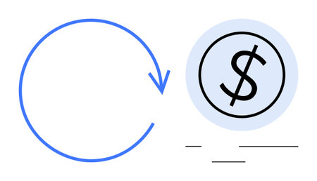 Blue circular arrow flowing into a dollar sign inside a circle. Ideal for finance, investment, economy, cash flow, payment systems, business, wealth creation. Clear and simple flat metaphorのイラスト素材