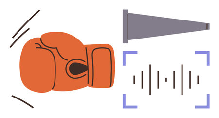 Boxing glove conveying power, megaphone amplifying sound waves for loud communication. Ideal for leadership, influence, voice, protest, strength, empowerment branding. Minimalist flat metaphorのイラスト素材