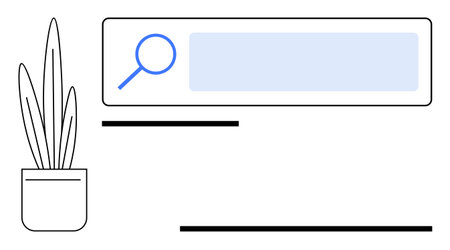 Search bar with magnifying glass icon, decorative plant in pot, lined text placeholders. Ideal for web design, UIUX, minimalism, digital tools, modern styling, productivity simple landing pageのイラスト素材