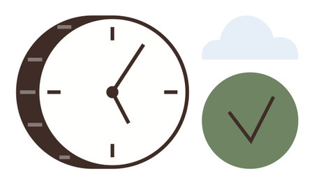 Analog clock with bold outline, green circle with checkmark, and blue cloud. Ideal for time, productivity, punctuality, organization, success workflow efficiency. Simple flat metaphorのイラスト素材